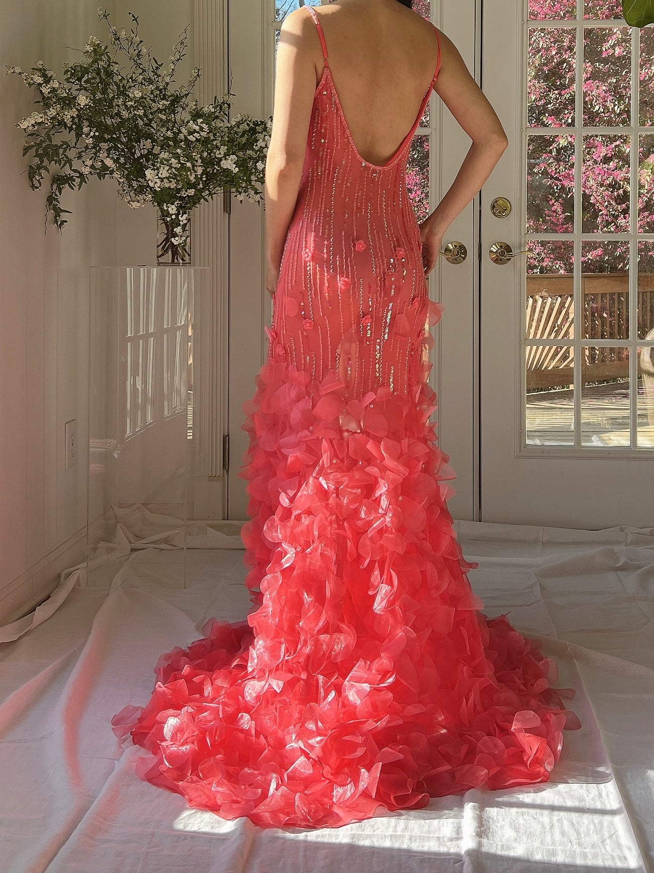 Vintage Coral Silk Petal Dress