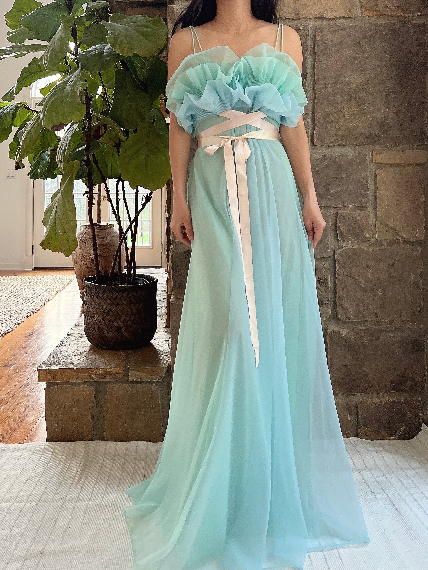 1960s Teal Sheer Tricot Chiffon Tulip Bust Gown - S/M