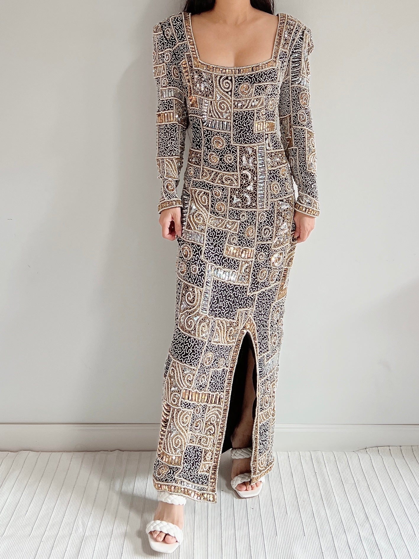 1980s Silk Chiffon Heavily Beaded Gown - M