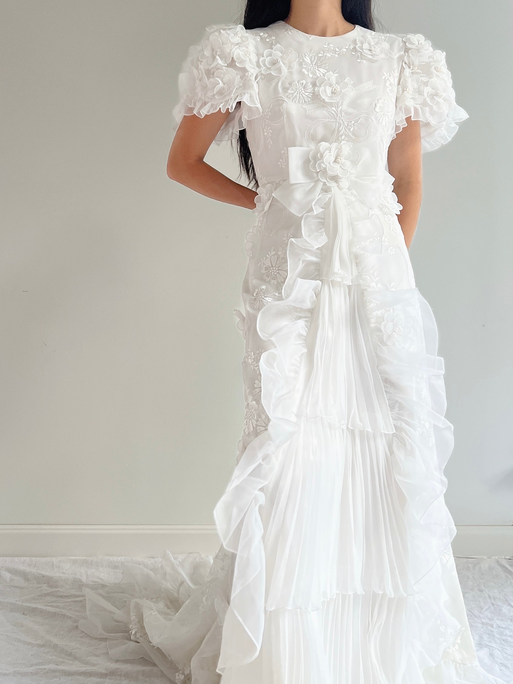 Vintage White 3D Floral Dress - S