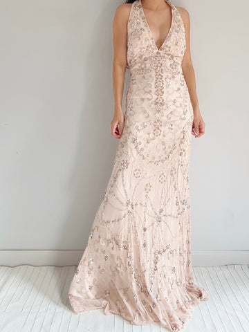 Vintage Light Pink Silk Beaded Dress - M