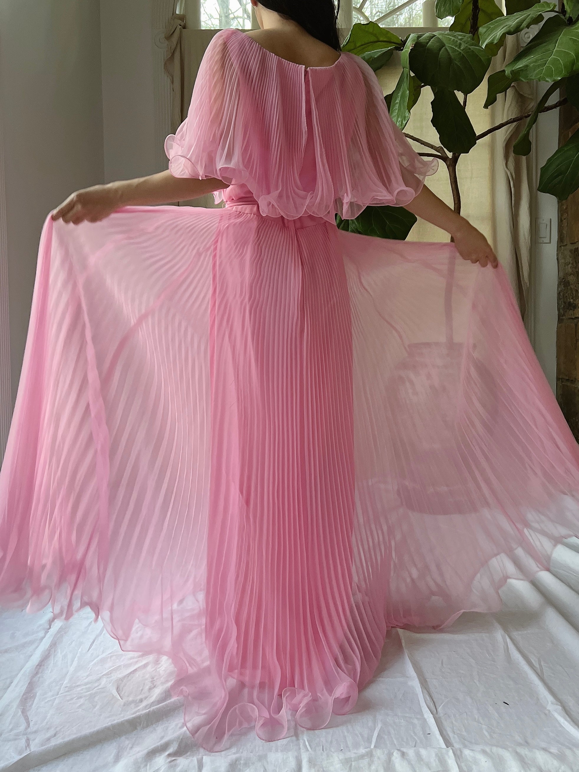 Vintage Pleated Cape Collar Dress - S